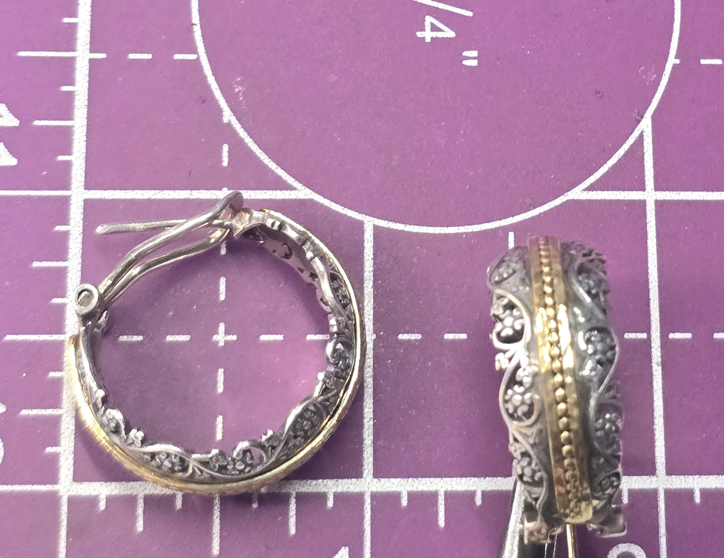 PZ Israel two tone open work vintage thick sterling silver lever back hoop earrings