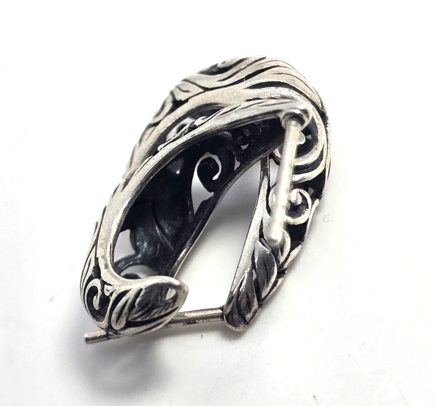 Scroll heart open work half hoop vintage sterling silver post earrings