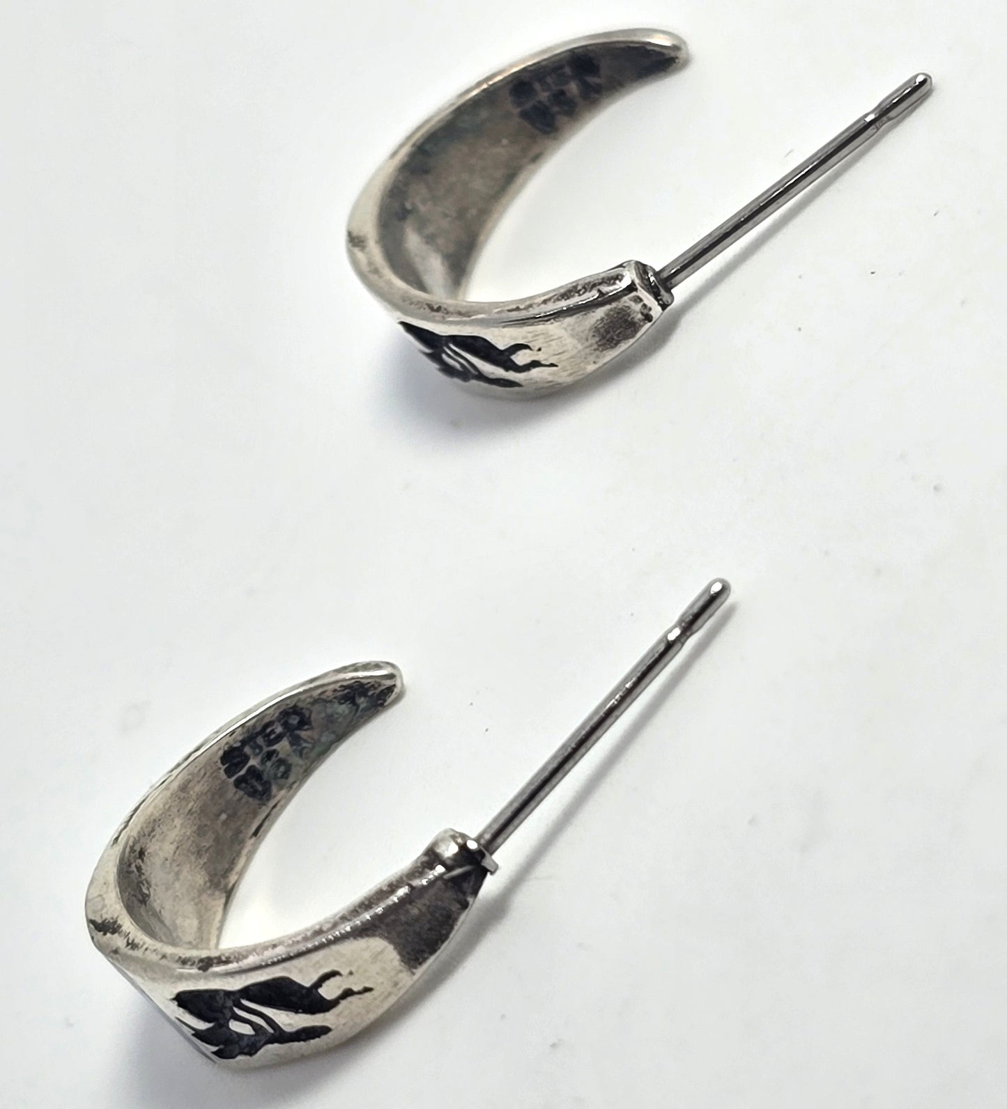 Kokopelli crushed turquoise vintage sterling silver half hoop post earrings