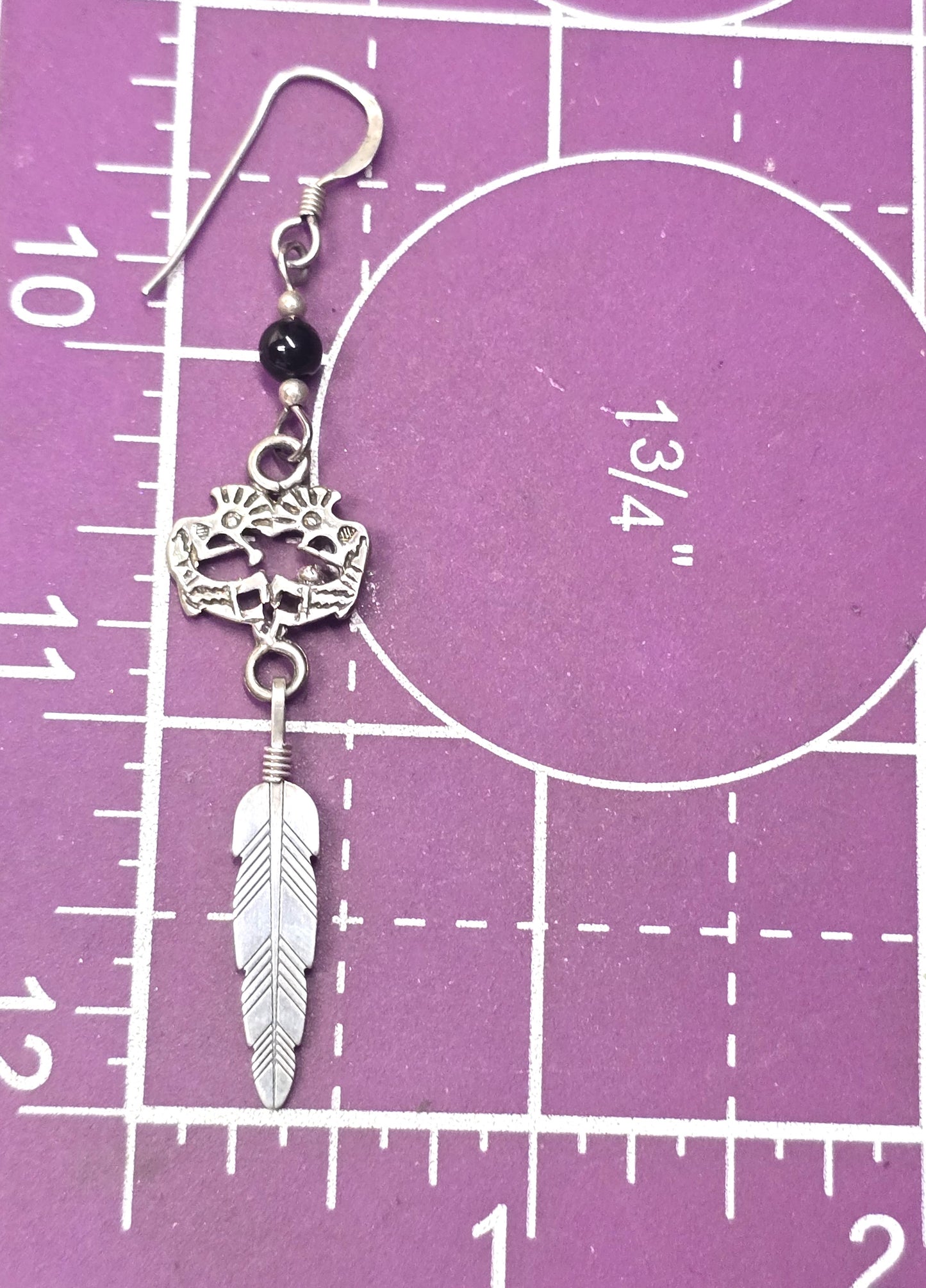 Kokopelli black onyx Vintage Sterling Silver feather drop earrings