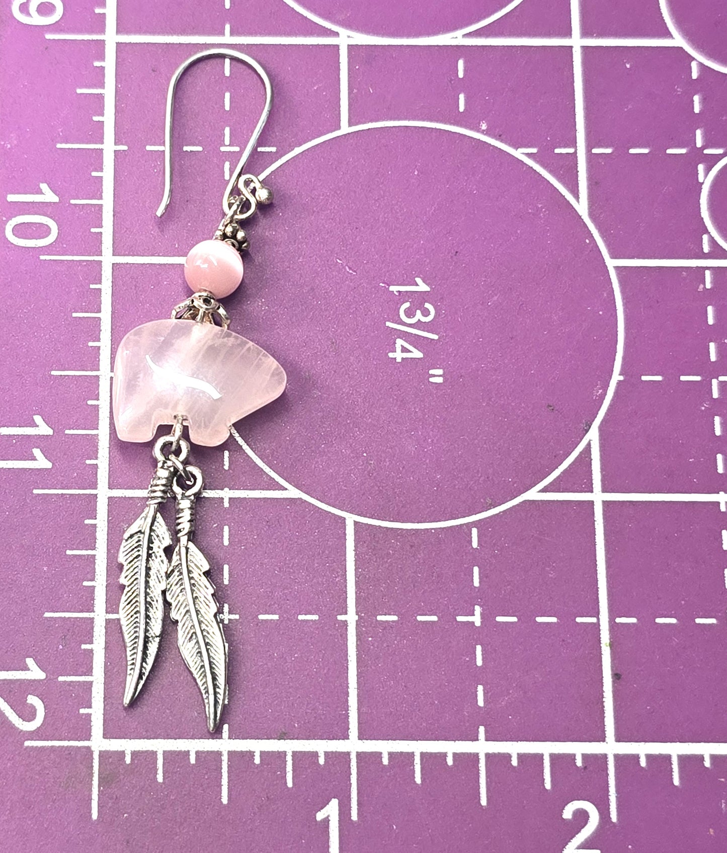 Zuni bear Rose Quartz silver plated pink cat's eye vintage Southwestern earrings