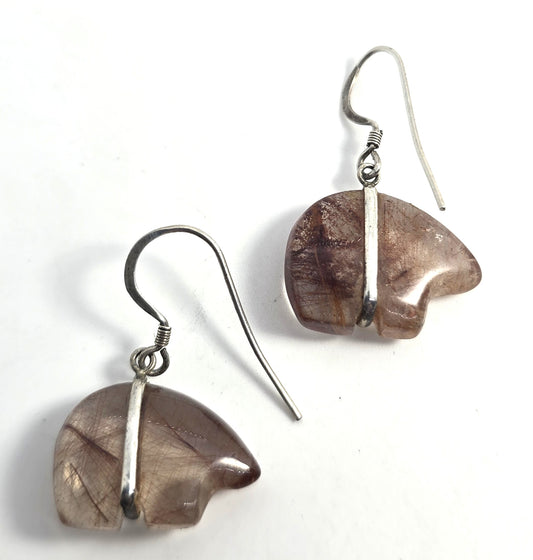 Zuni bear red rutilated quartz sterling silver vintage Southwestern earrings
