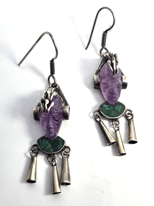 DAC Amethyst malachite Mask Hencho en Mexico sterling silver vintage Taxco earrings