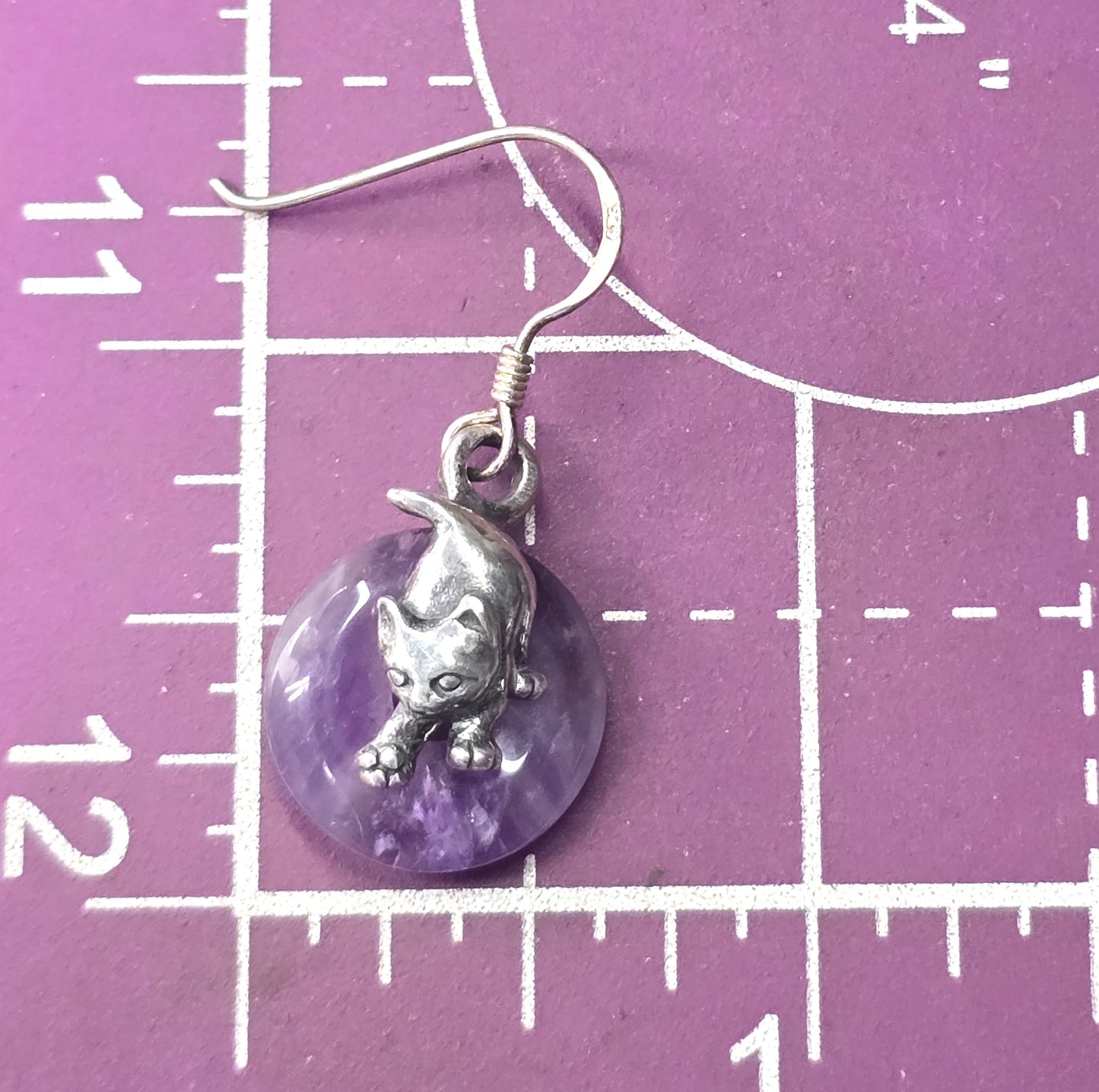 Playful kitty cat Amethyst donut gemstone vintage sterling silver earrings 1996