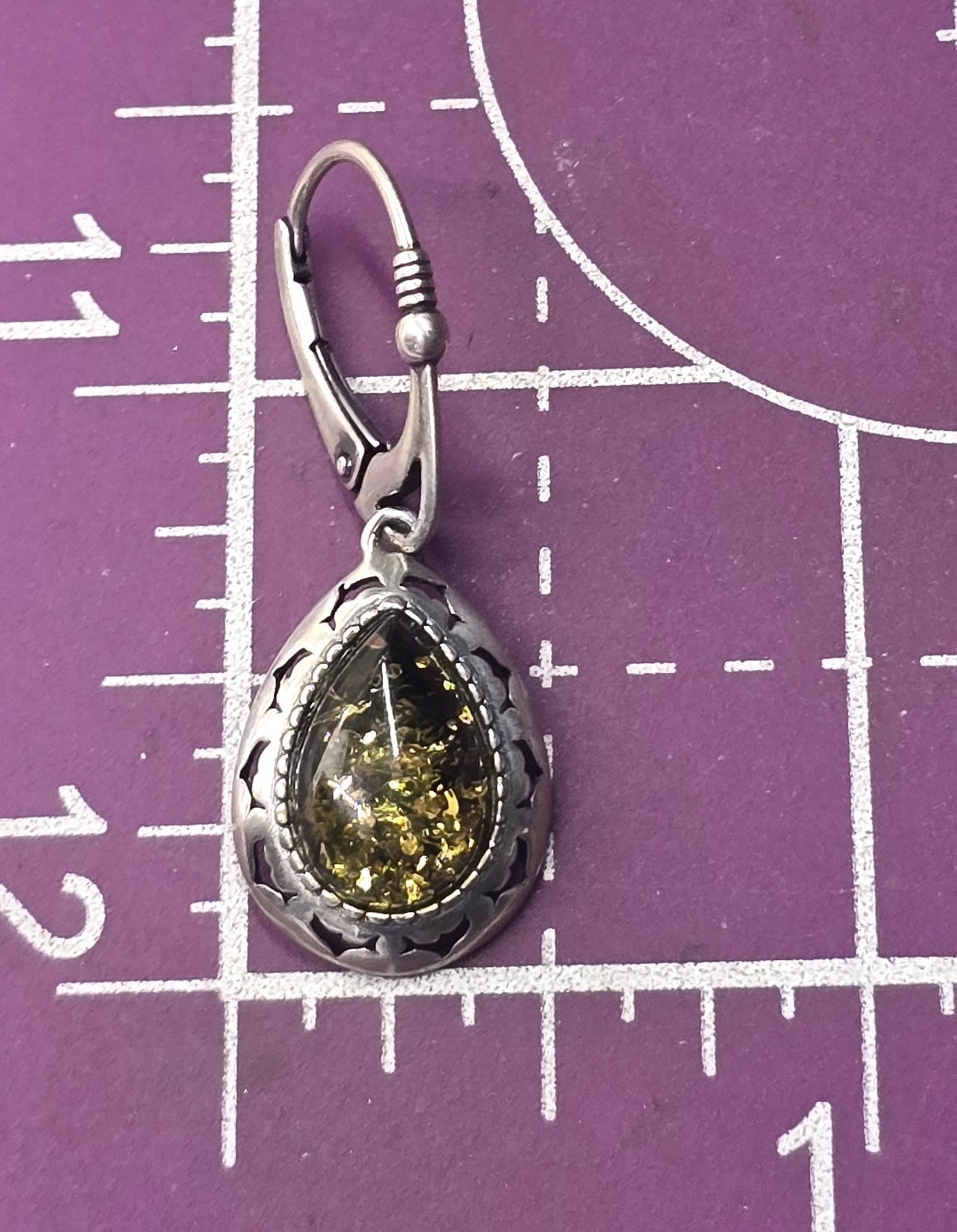 Polish Green amber sterling silver Drop lever back earrings