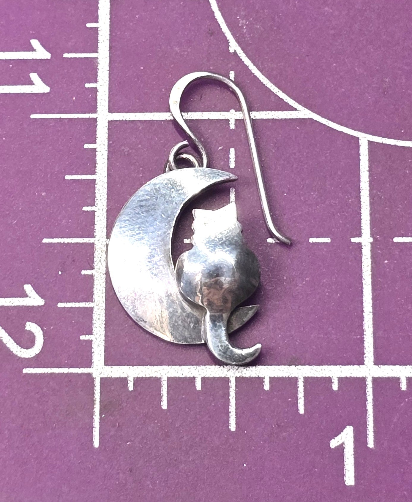 Far Fetched Cat in Crescent moon celestial kitty sterling silver earrings