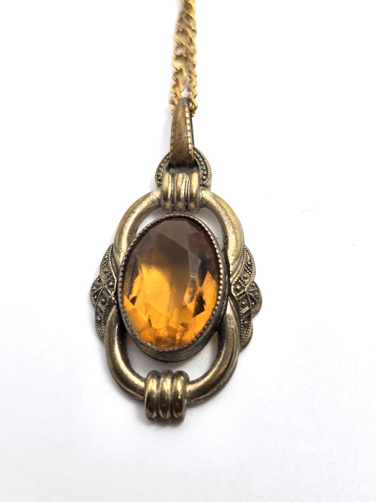 Victorian Orange Czech glass faceted pressed glass antique pendant necklace