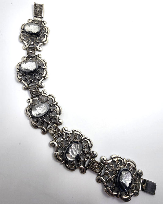 Victorian Revival black and white glass cameo vintage panel bracelet