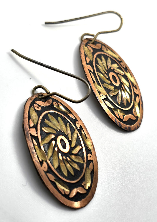Art Deco style copper and yellow gold-tone oval vintage etched earrings
