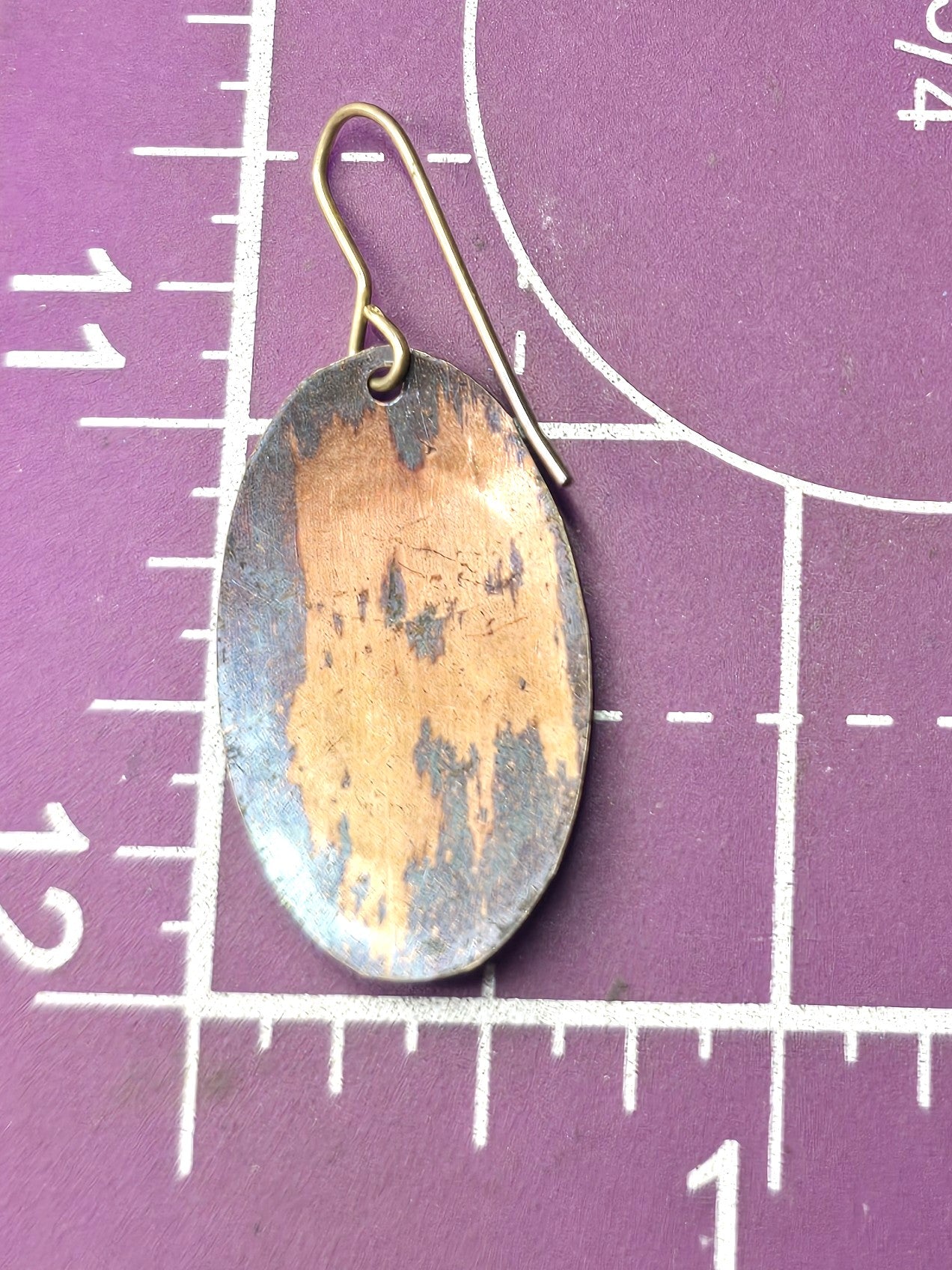 Art Deco style copper and yellow gold-tone oval vintage etched earrings