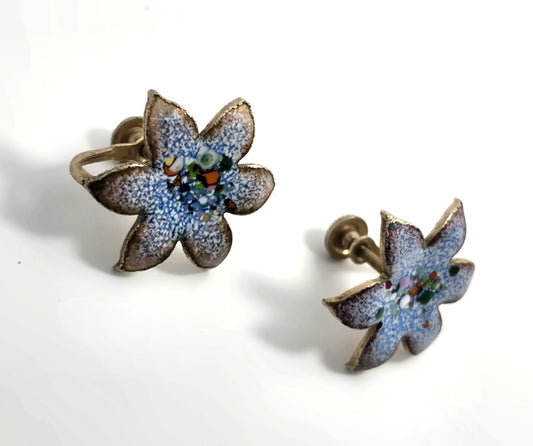 Blue Enamel over copper Artisan Modernist flower vintage screw back earrings
