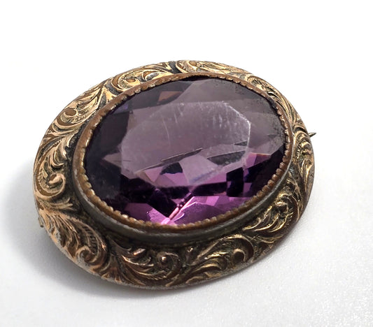 Foster & Bailey Victorian Purple paste glass gold filled antique brooch pin
