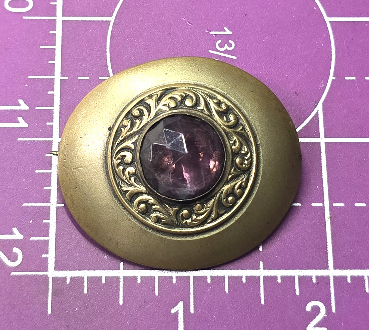 Victorian Purple paste glass cartouche pressed brass antique brooch pin