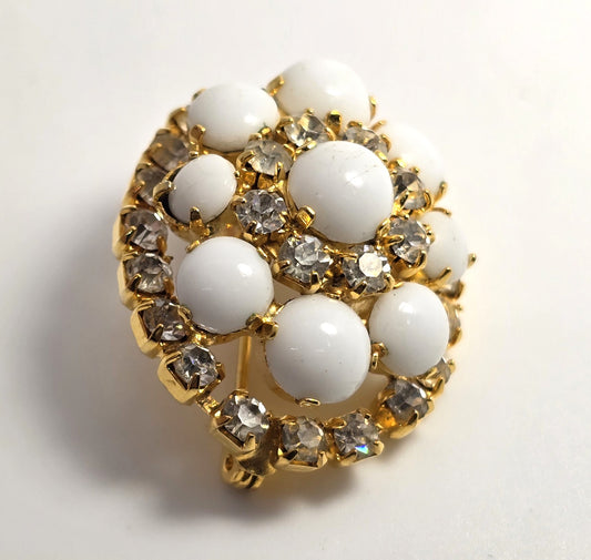 White milk glass layered rhinestone domed vintage mid century brooch