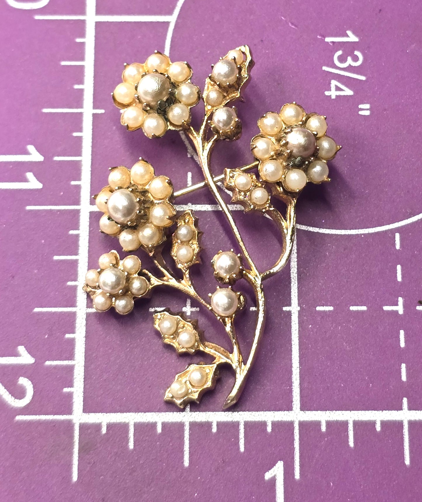 Faux cream and white faux pearl flower rhinestone vintage brooch