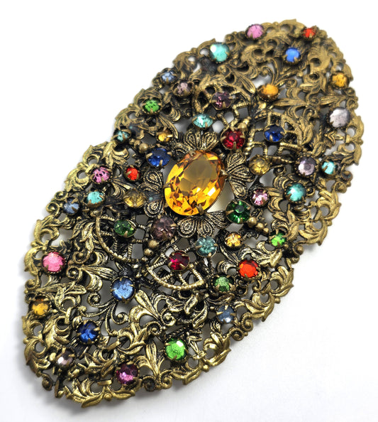 Art Deco Czech rainbow paste rhinestone Vaseline Uranium UV glass brooch