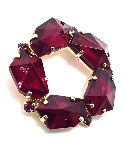 Austrian Ruby red mid century vintage pyramid rhinestone wreath brooch