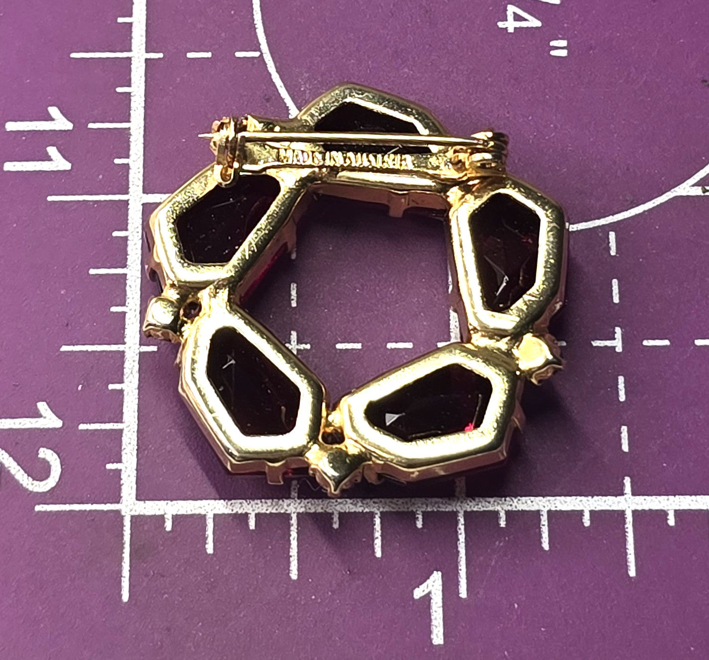 Austrian Ruby red mid century vintage pyramid rhinestone wreath brooch