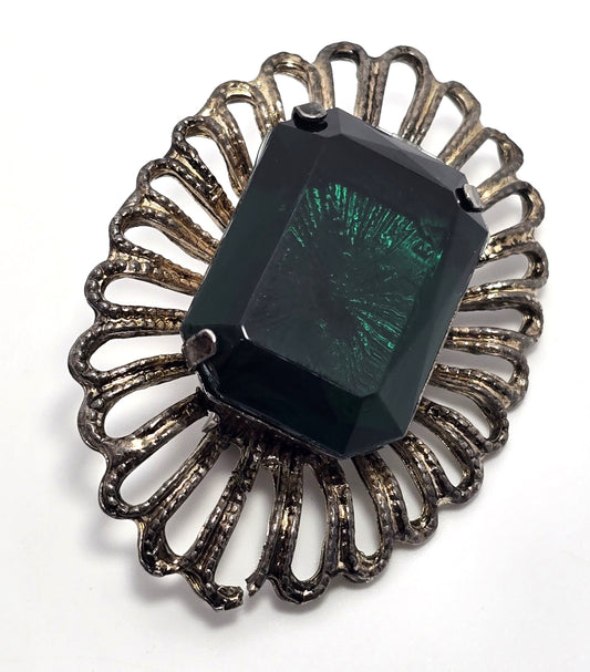 Emerald dark green rhinestone Large scalloped vintage brooch
