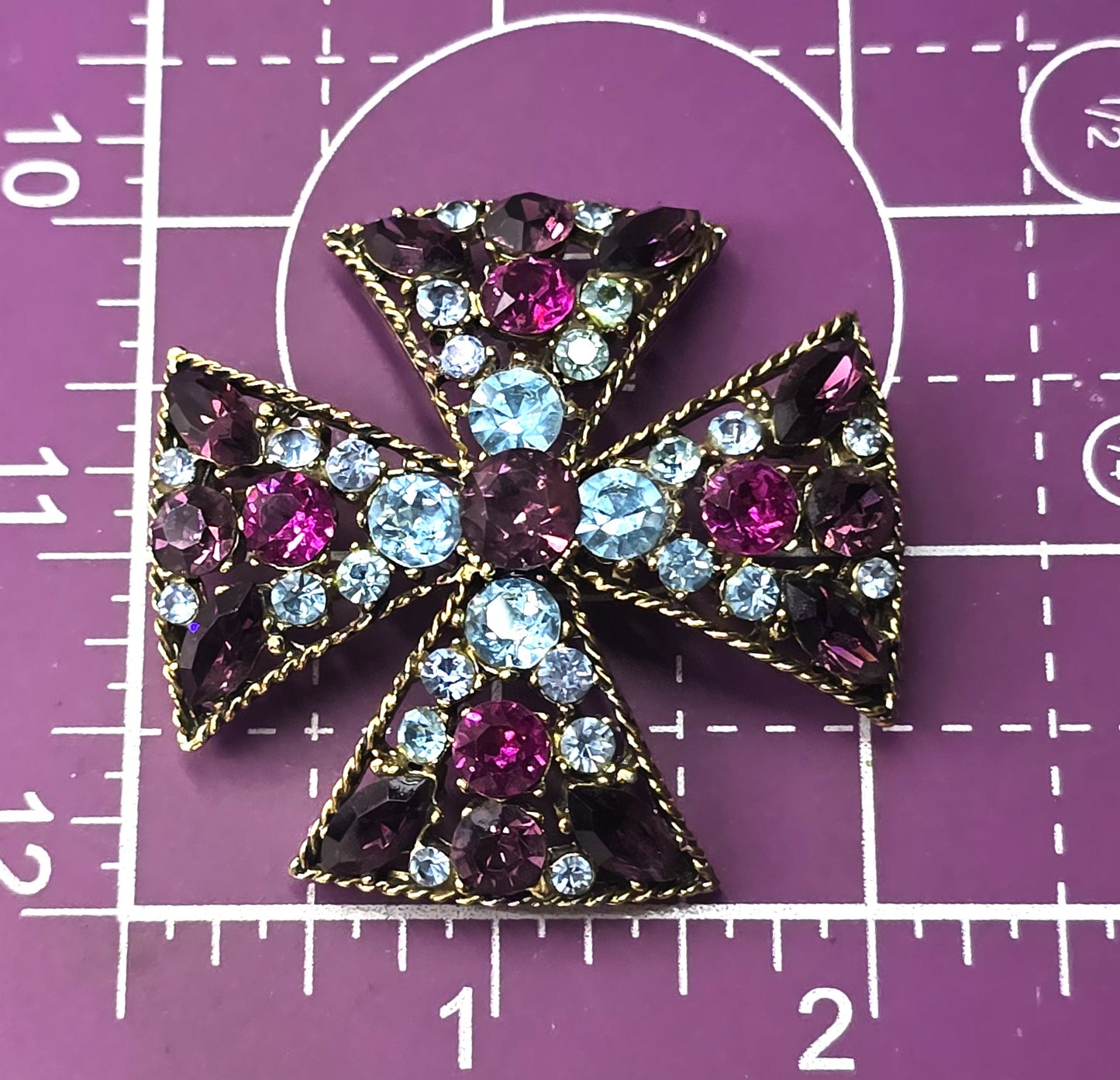Maltese cross vintage purple blue and pink rhinestone vintage pendant brooch