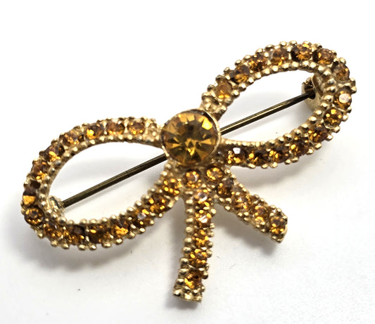 Orange Rhinestone gold toned mid century MCM vintage rhinestone bow brooch