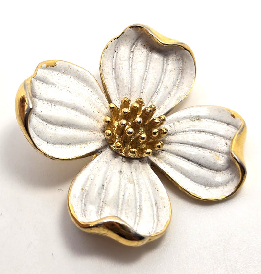 Trifari vintage brushed white Dogwood Flower gold toned signed brooch