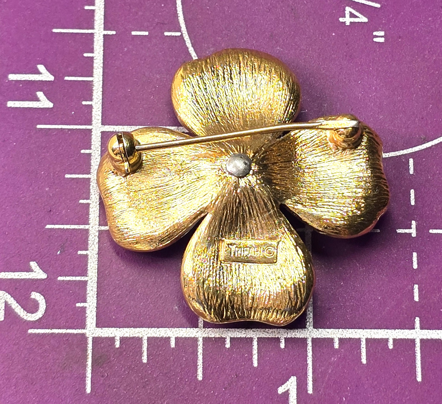 Trifari vintage brushed white Dogwood Flower gold toned signed brooch