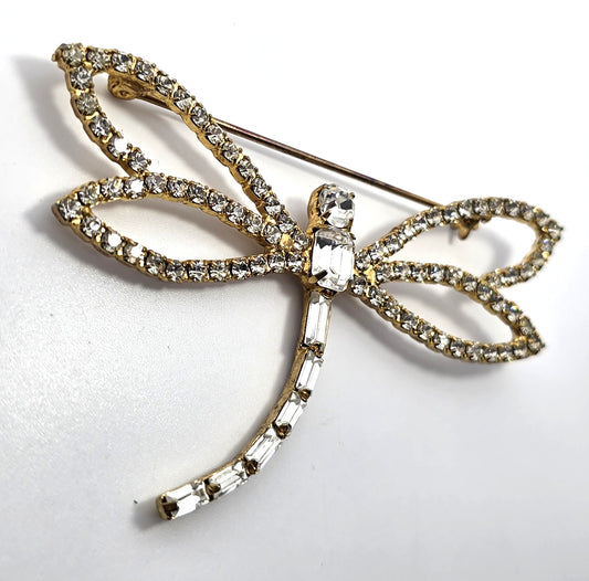 Dragonfly clear rhinestone gold toned open work 3 inch vintage brooch