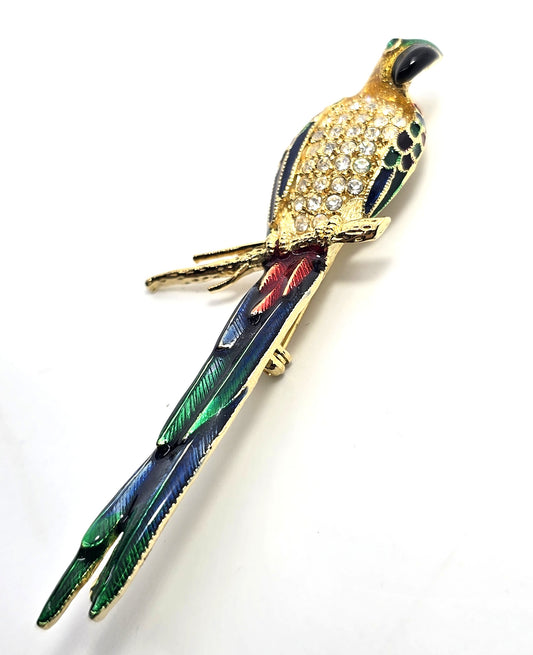 McCaw Parrot Clear rhinestone vintage Enamel gold toned brooch