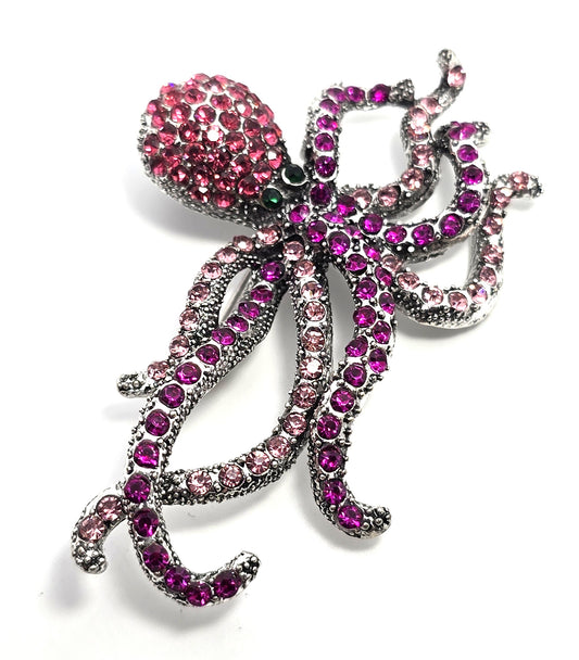Pink rhinestone large octopus sea creature figural pendant brooch