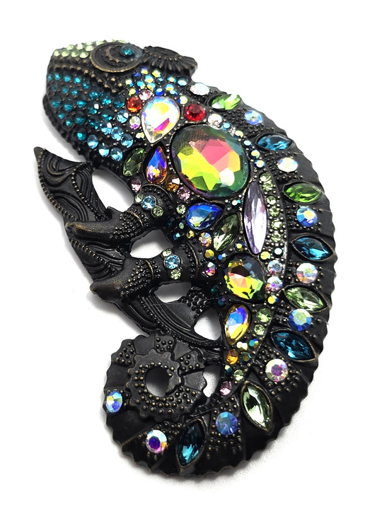 Chameleon Lizard 3 inch rainbow rhinestone dark toned metal figural brooch