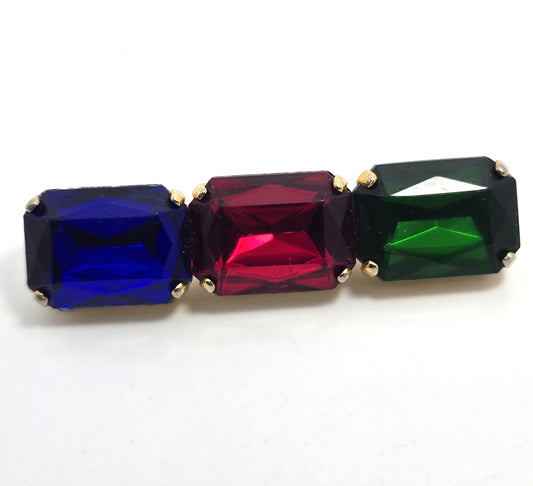 Blue Red Green Gold Tone Emerald cut three stone rhinestone Brooch Pin