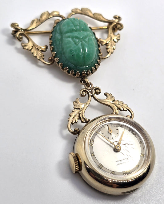 Egyptian Revival scarab beetle glass vintage Banner 17 jewel watch brooch parts