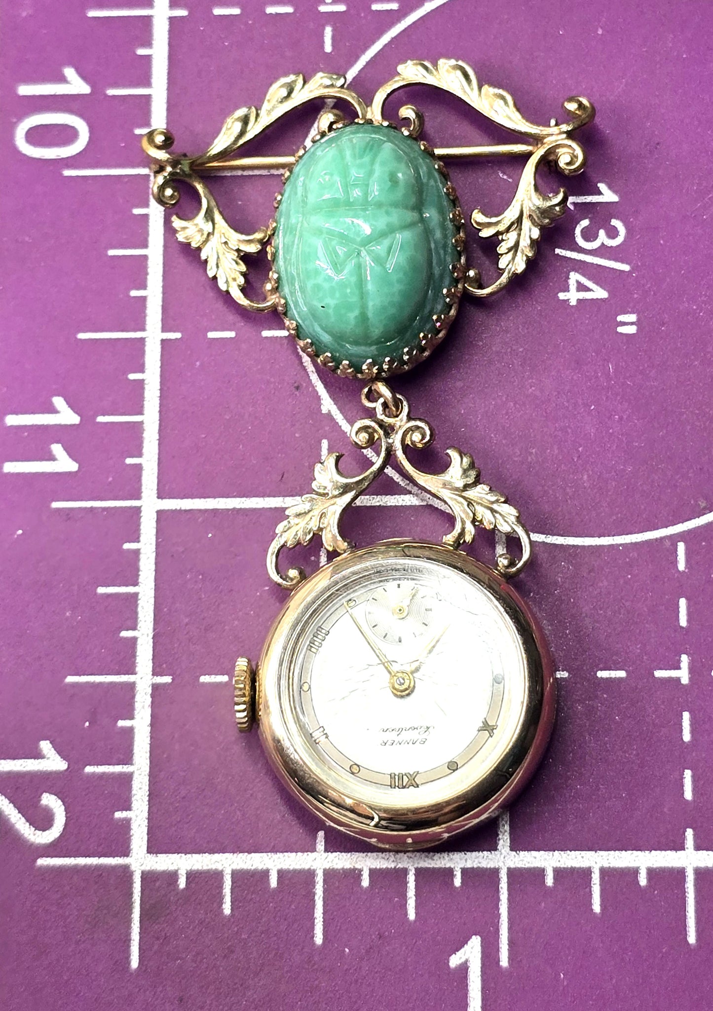 Egyptian Revival scarab beetle glass vintage Banner 17 jewel watch brooch parts