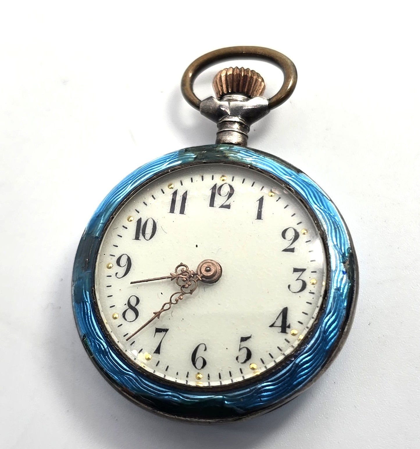 Guilloche bright blue nymph sterling silver antique winding pocket watch