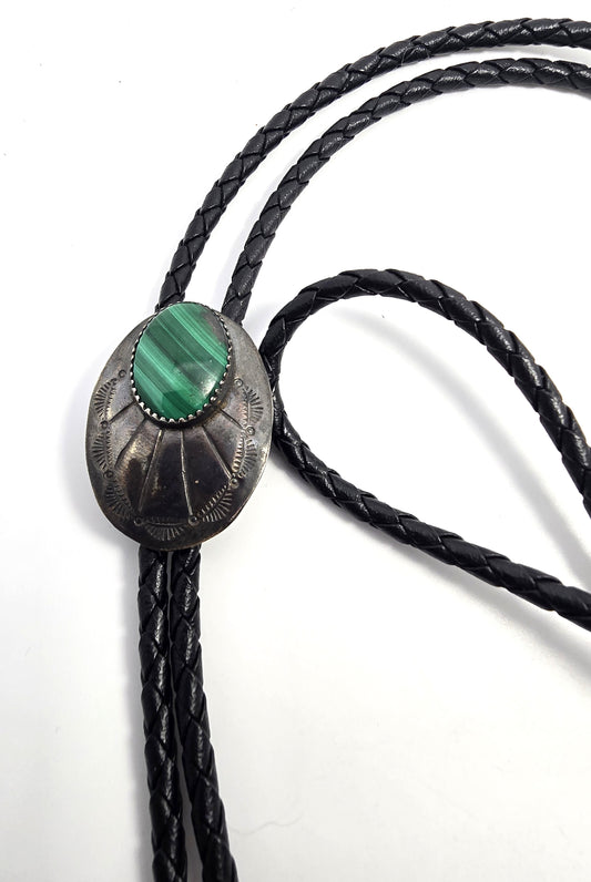 Malachite Sterling silver tipped leather braided Bolo southwestern Neck tie tipped