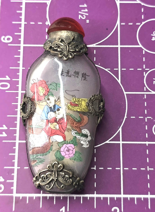 Vintage Chinese Glass Silver Tone Metal butterfly reverse painted Snuff Bottle 1940’s