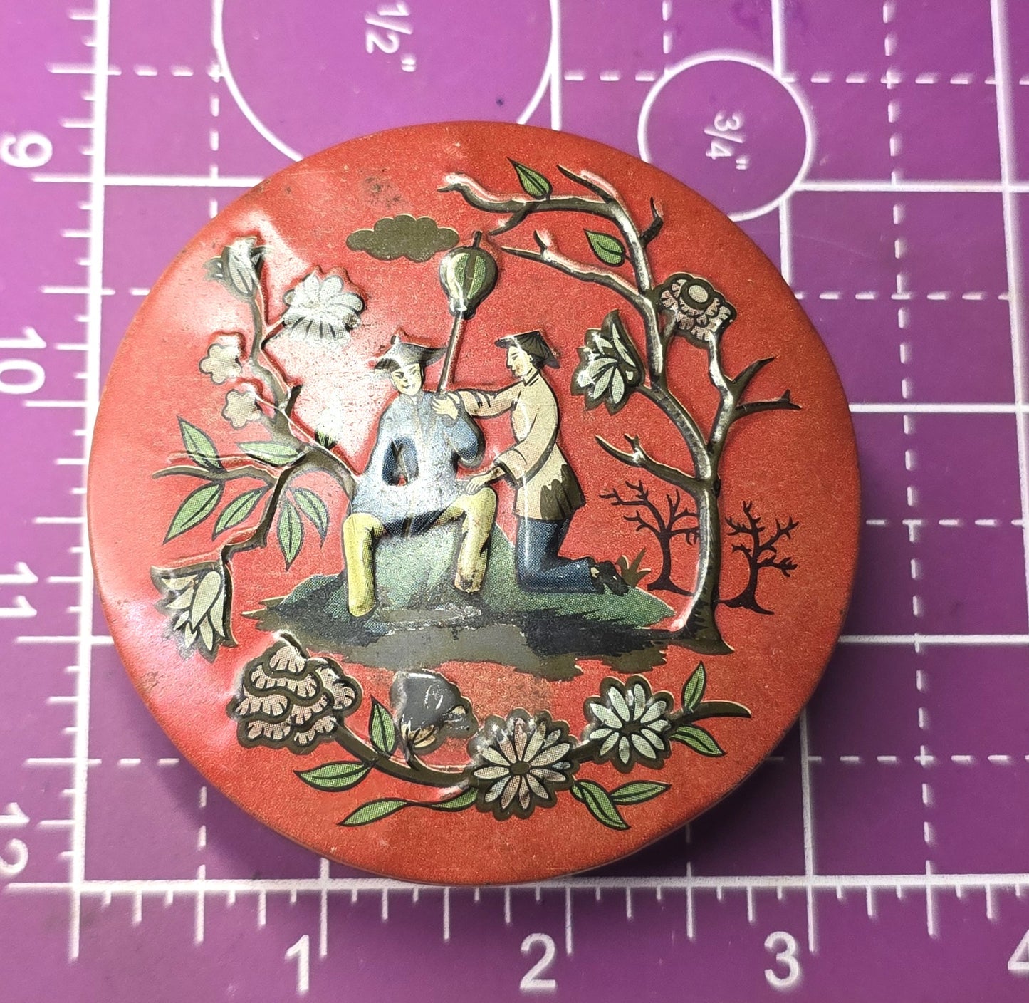 Sweet Vintage tin Baret Ware miniature tin Oriental scene small tin Made in England