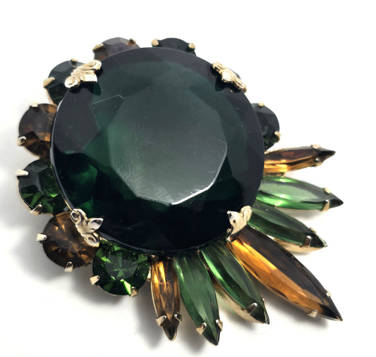 Emerald dark green orange rhinestone fall autumn vintage large brooch