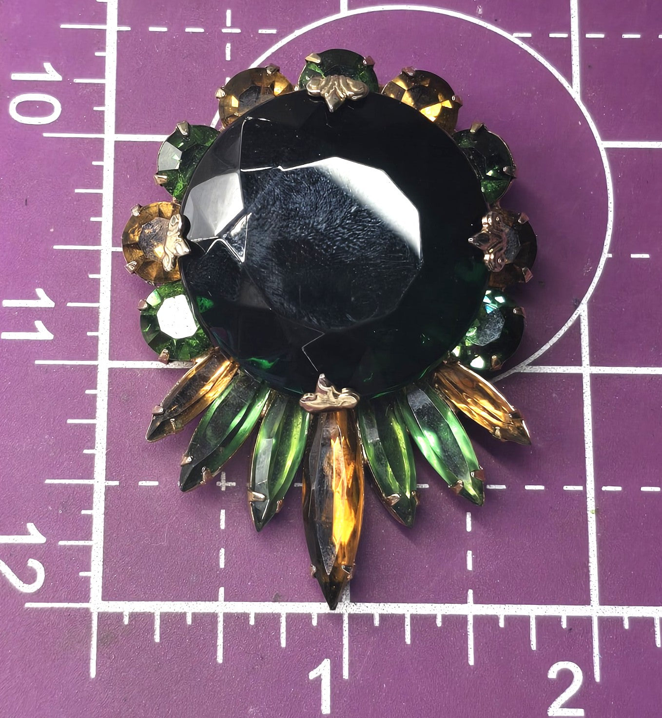Emerald dark green orange rhinestone fall autumn vintage large brooch