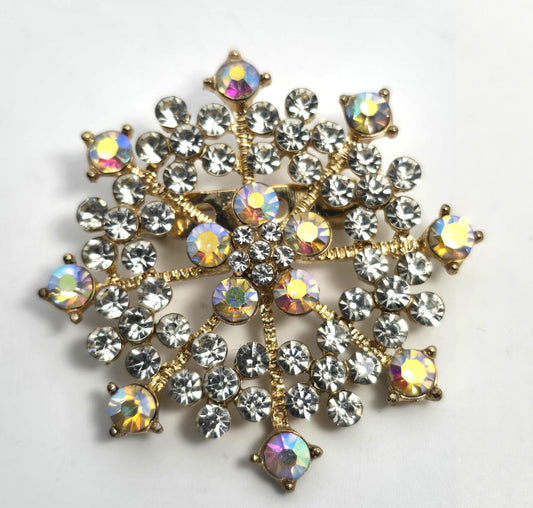 Rhinestone flower Warm amber Aurora borealis AB gold toned scatter brooch