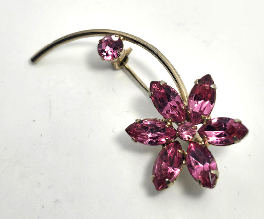 Pink rhinestone flower petal gold toned mid century vintage spray brooch
