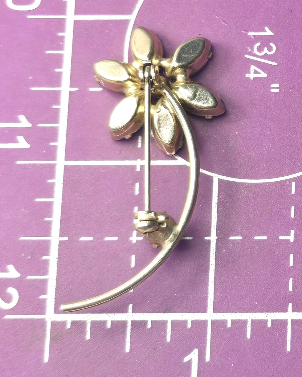 Pink rhinestone flower petal gold toned mid century vintage spray brooch