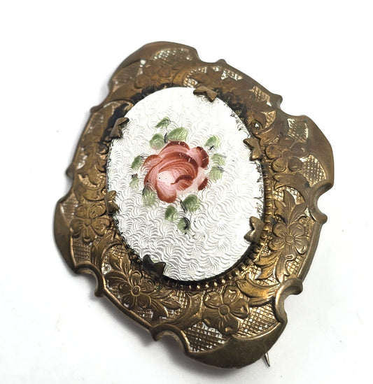 White Guilloche pink rose antique enamel gold filled brooch