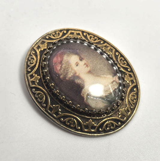 Victorian revival reverse painted glass cameo gold toned vintage brooch