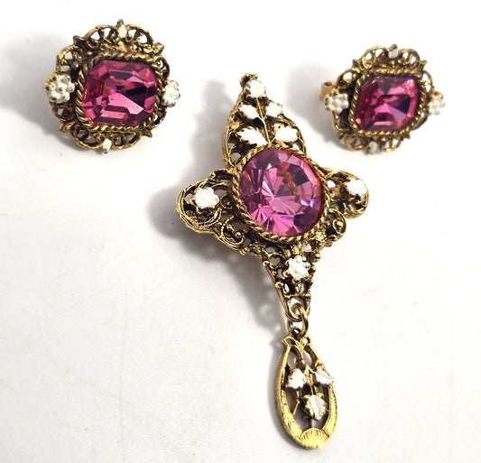 PL Pink rhinestone white enamel gold toned brooch and clip on earrings set