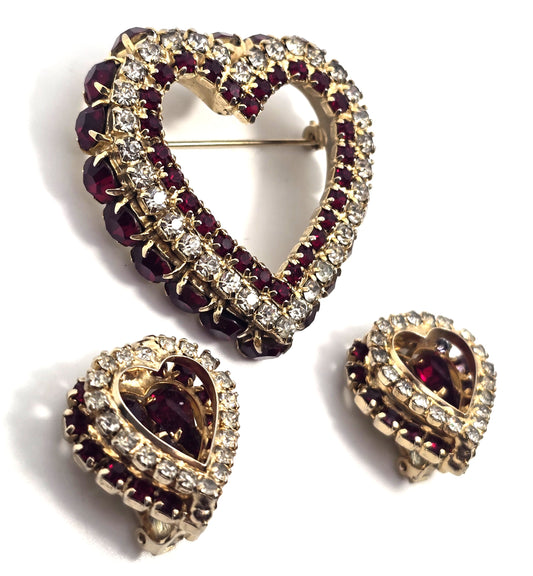 Clear and Red Rhinestone Early Joseph Warner Heart Brooch and Earrings