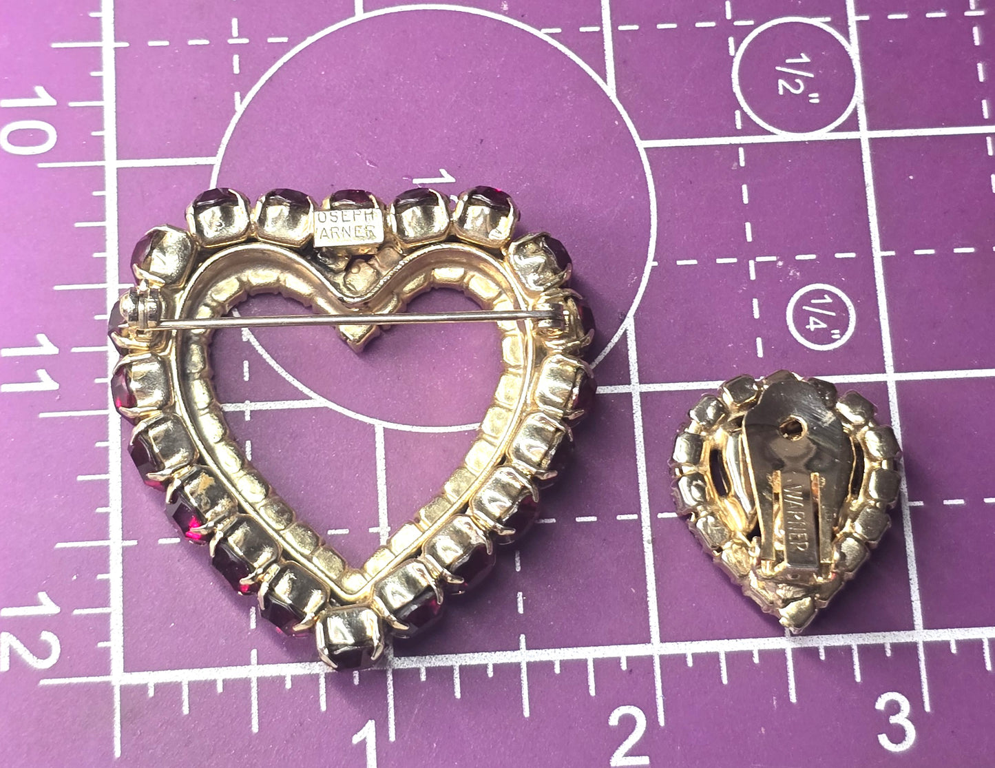 Clear and Red Rhinestone Early Joseph Warner Heart Brooch and Earrings