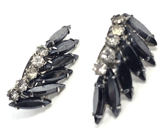 Hematite Navette rhinestone vintage mid century cluster clip on earrings