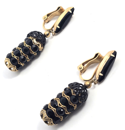 Lewis Segal black rhinestone gold toned drop vintage clip on earrings